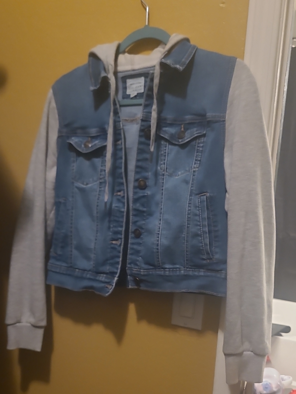 Wax Jean Blue Denim Jacket with Light Gray Hooded Sleeves